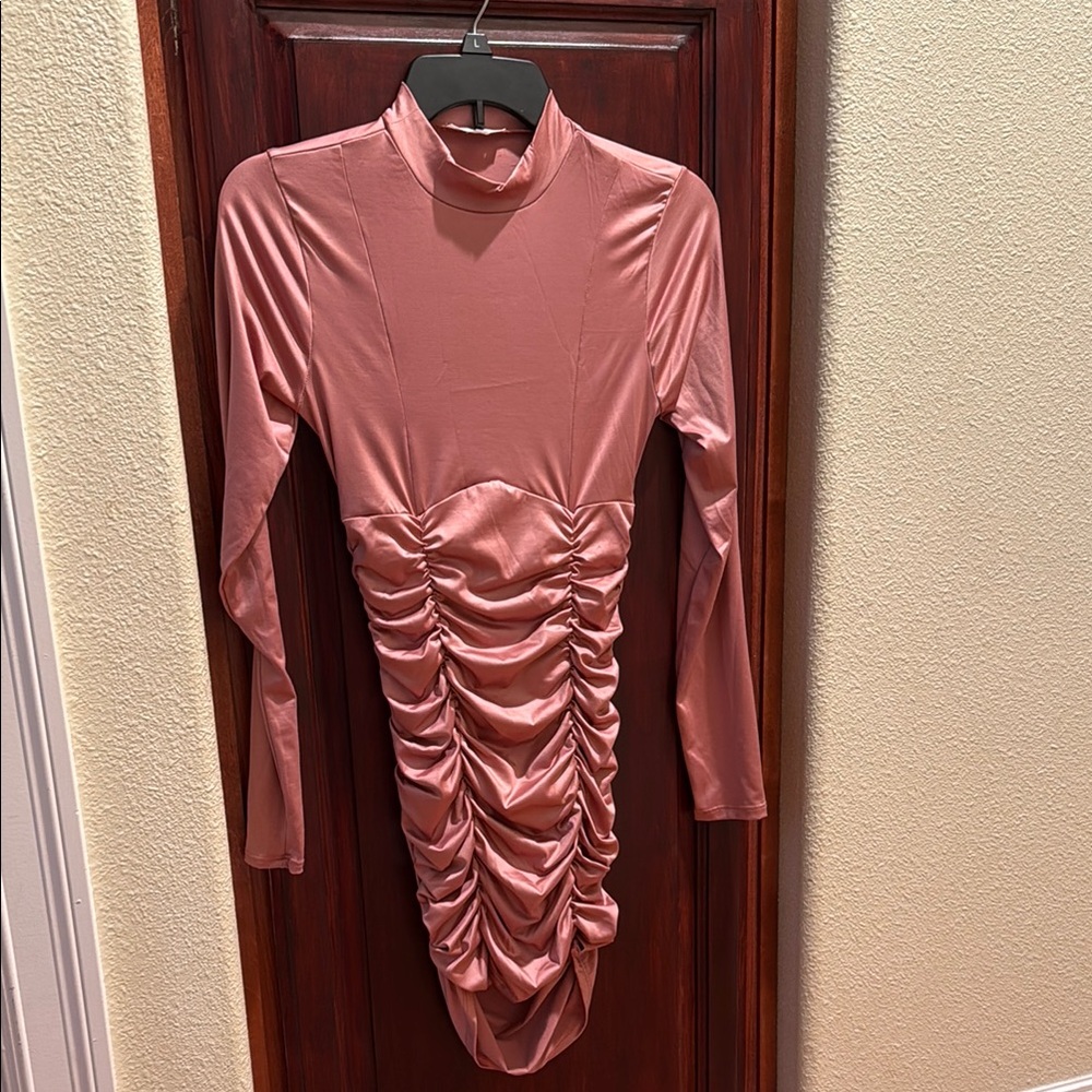 Pink Bodycon Dress with Long Sleeves and Mock Neck